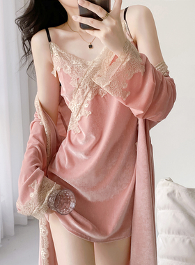 金丝绒睡衣女性感2025年春秋冬季新款吊带睡裙睡袍两件套装家居服