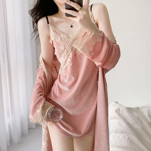 金丝绒睡衣女性感2025年春秋冬季新款吊带睡裙睡袍两件套装家居服