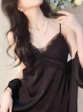 性感睡衣女纯欲风夏季冰丝带胸垫蕾丝网纱带胸垫吊带睡裙睡袍套装