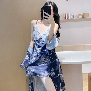 性感睡衣女款纯欲2026春夏季新款带胸垫蕾丝印花吊带睡裙睡袍套装