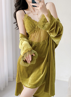 金丝绒睡衣女秋冬纯欲风情调蕾丝镂空吊带胸垫睡裙性感家居服套装