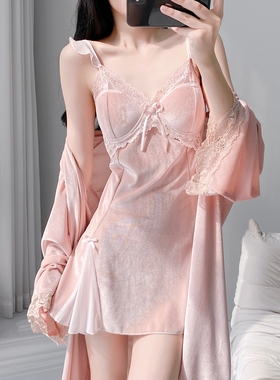 蕾丝性感睡衣女纯欲2025秋冬新款金丝绒带胸垫长袖吊带睡裙两件套