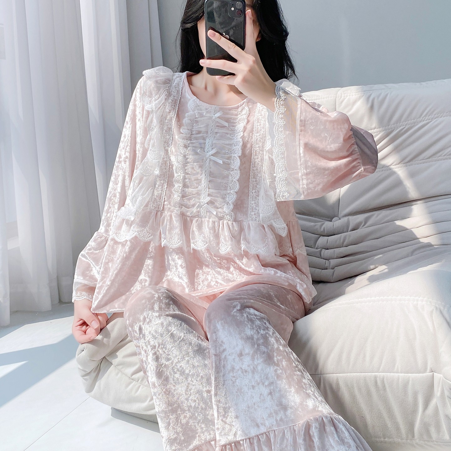 法式甜美蕾丝花边金丝绒睡衣2025秋冬厚少女可爱公主金钻绒宫廷风