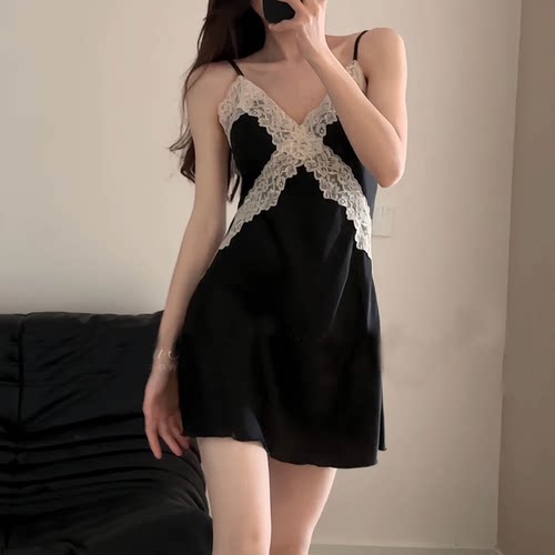 女冰丝蕾丝带带胸垫吊带睡裙睡袍