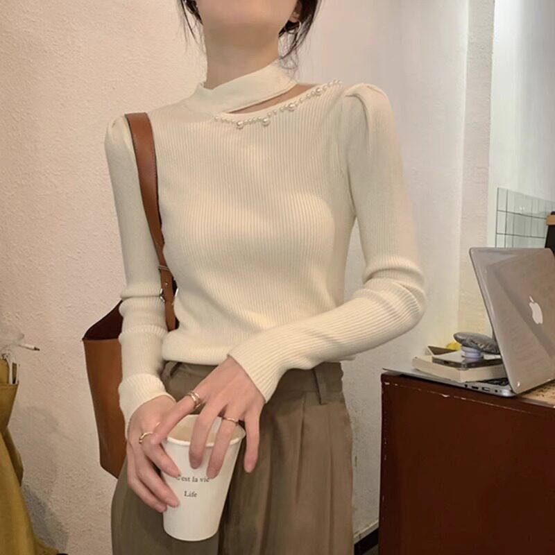 半高领挂颈毛衣女春秋2025新款小个子短款镂空内搭针织打底衫上衣