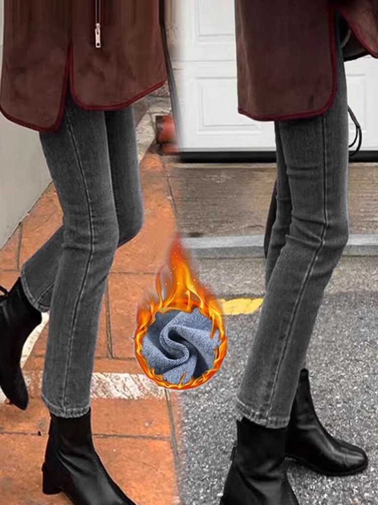 黑灰色牛仔裤女春秋2025新款加绒高腰显瘦弹力九分窄版直筒烟管裤