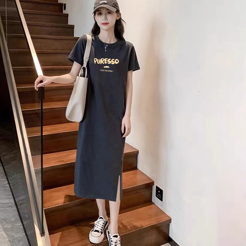 灰色短袖连衣裙2025新款夏季薄款小个子宽松中长款开叉t恤直筒裙