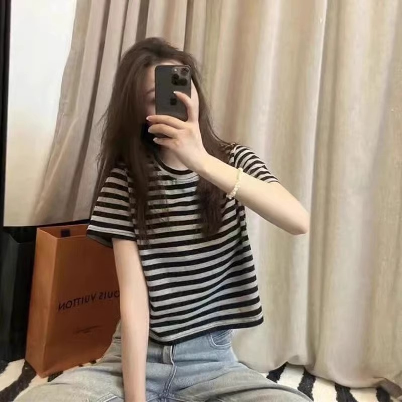 条纹t恤女短袖夏季薄款2025新款宽松百搭小个子短款纯棉半袖上衣