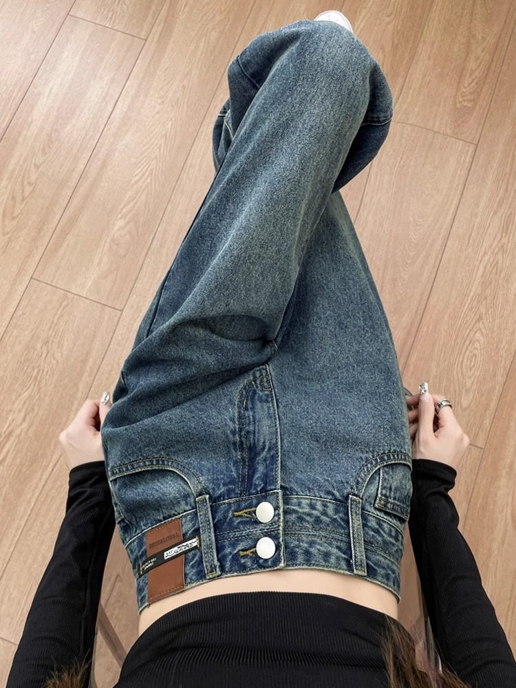 加绒牛仔裤女秋冬2025新款高腰显瘦窄版阔腿裤小个子修身直筒长裤