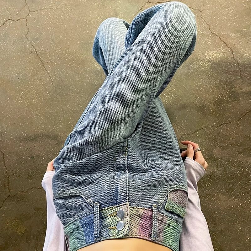 牛仔裤女春季2025新款高腰垂感加长直筒宽松提花设计感拖地阔腿裤