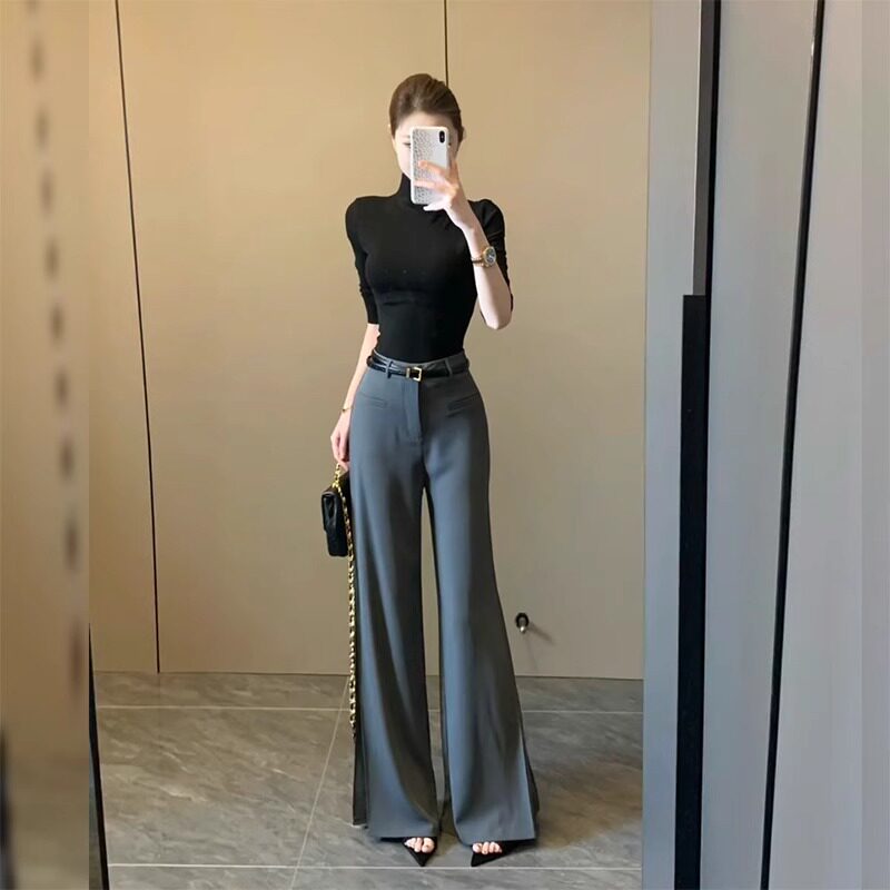 灰色西装裤女夏季2025新款高级感垂感时尚气质窄版直筒阔腿喇叭裤