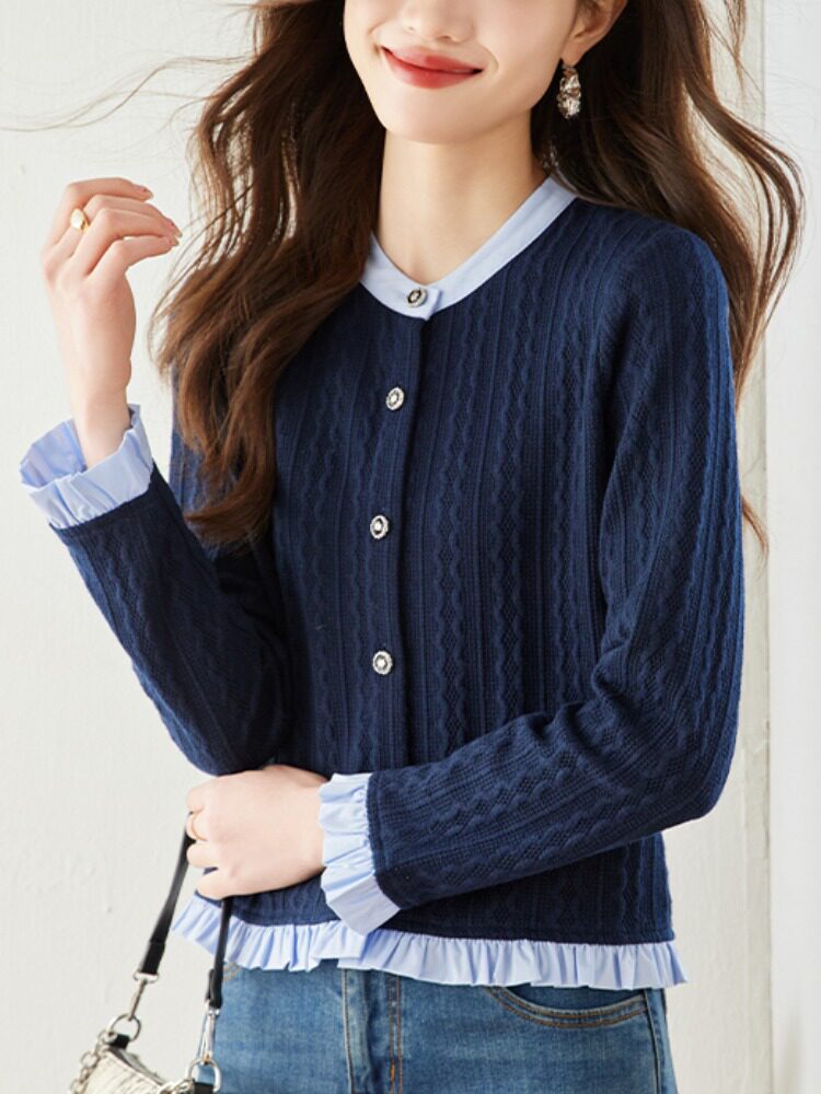 假两件针织衫女春秋季2025新款小个子短款撞色毛衣小香风开衫外套