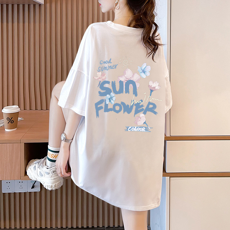白色短袖T恤女夏季2026新款洋派韩版宽松大尺码纯棉中长版休闲上
