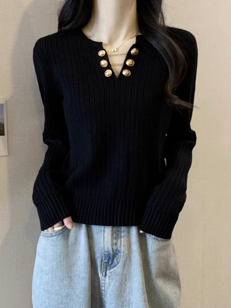 黑色针织衫女春秋内搭2025新款时尚洋气设计感大码v领打底衫上衣