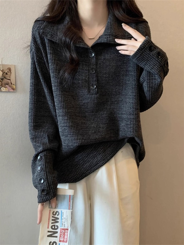 灰色翻领卫衣女春秋2025新款宽松慵懒外穿大码胖mm显瘦中长款上衣