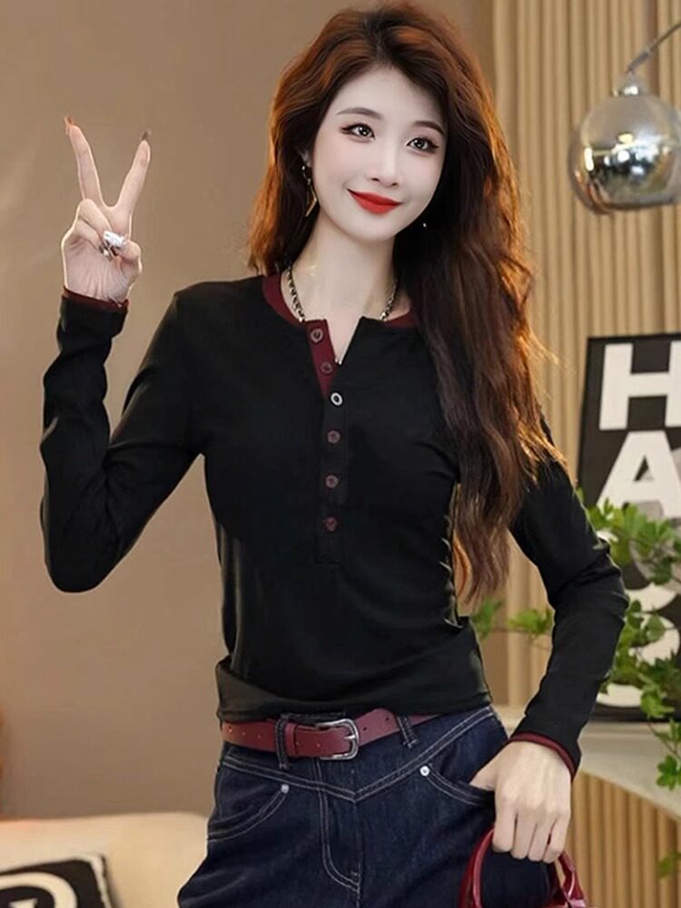 长袖t恤女春秋2025新款洋气时尚内搭打底衫修身显瘦设计感v领上衣