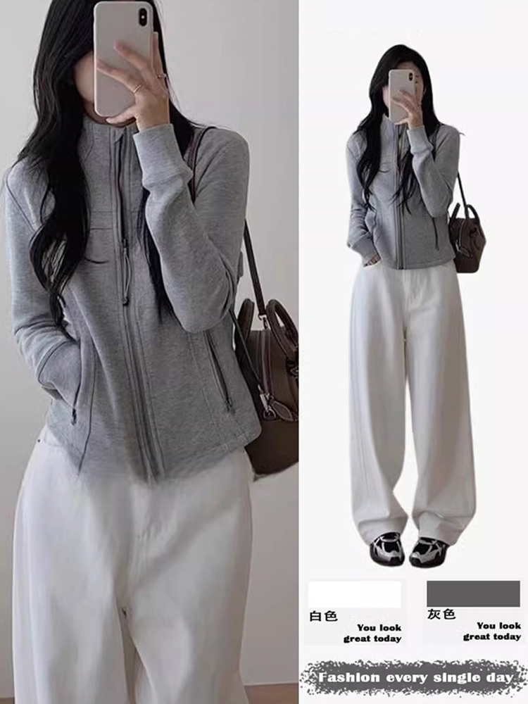 灰色卫衣外套女春秋2025新款韩版修身显瘦短款休闲立领开衫上衣潮