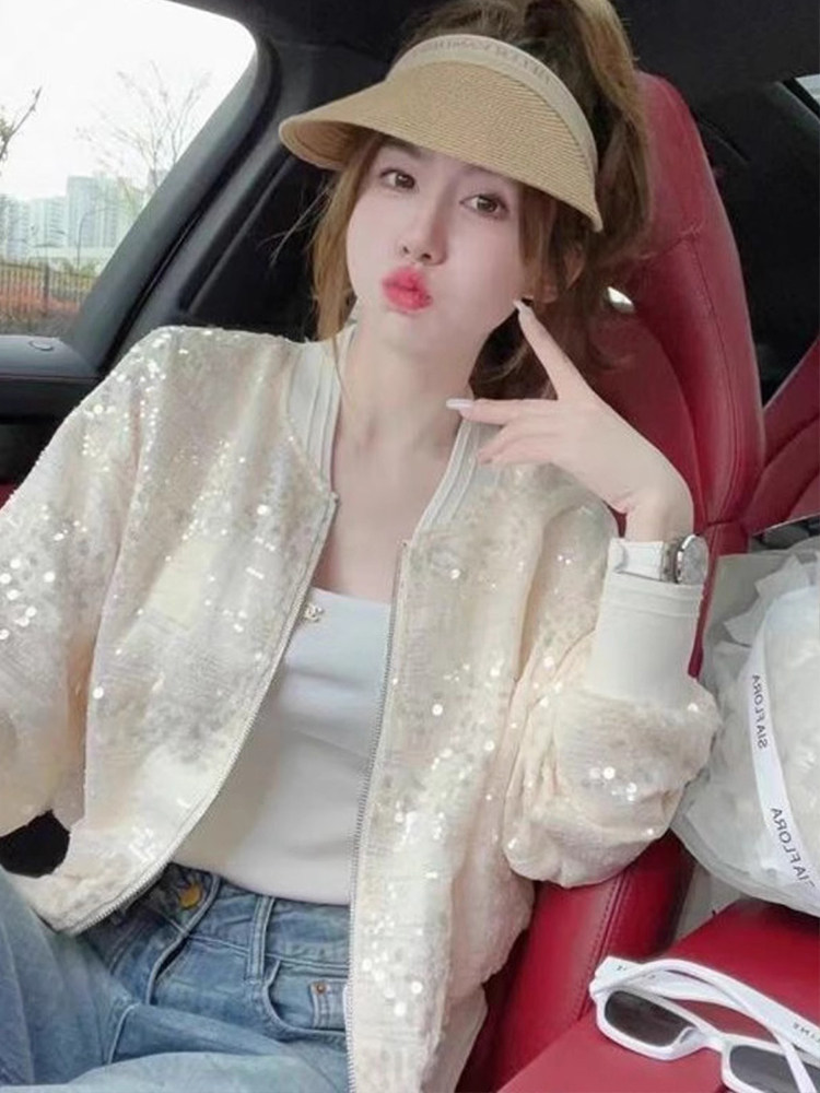 小香风外套女春秋薄款2025新款法式气质设计感重工亮片棒球服上衣