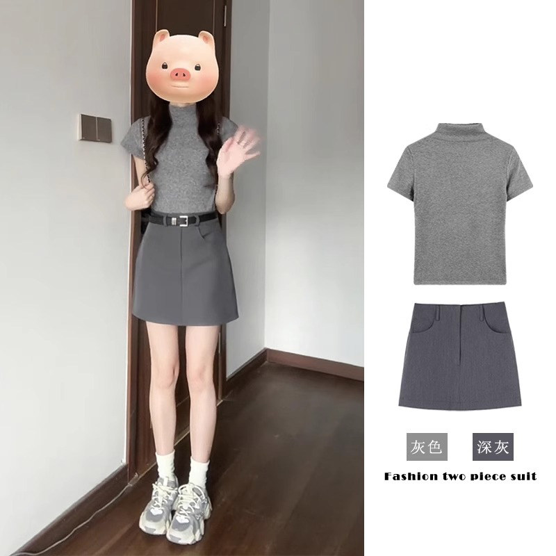 灰色套装女夏季2025新款小个子高级感短袖西装短裙辣妹时尚两件套