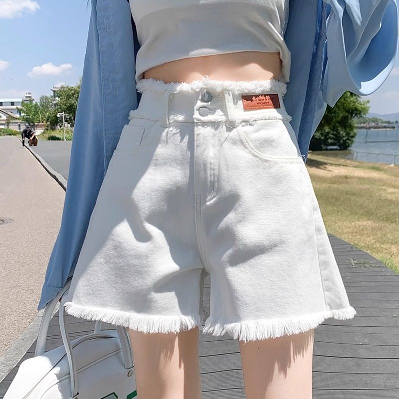 白色牛仔短裤女夏薄款2026新款高腰a字小个子宽松显瘦毛边阔腿裤