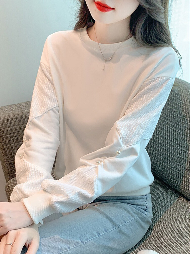 白色卫衣女春秋薄款2025新款宽松韩版设计感小众拼接钉珠长袖上衣