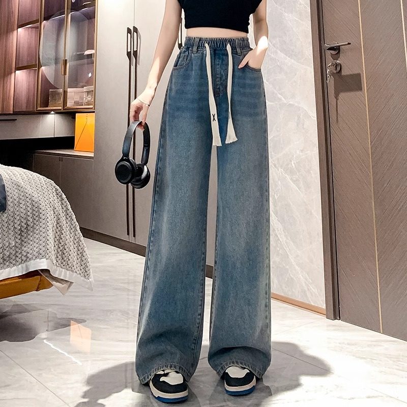牛仔裤女春秋2025年新款大码宽松直筒裤高腰显瘦松紧腰抽绳阔腿裤