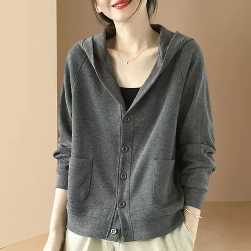 灰色连帽外套女春秋薄款2025年新款洋气宽松百搭休闲卫衣开衫上衣