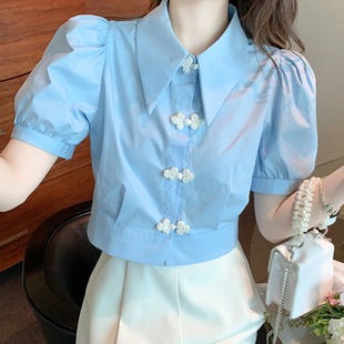 女夏季 洋气尖领设计感小众短款 2023新款 蓝色雪纺衬衫 泡泡袖 上衣潮