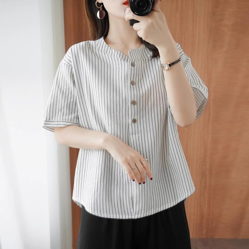棉麻短袖衬衫女夏薄款2025新款宽松大码显瘦妈妈夏装衬衣半袖上衣
