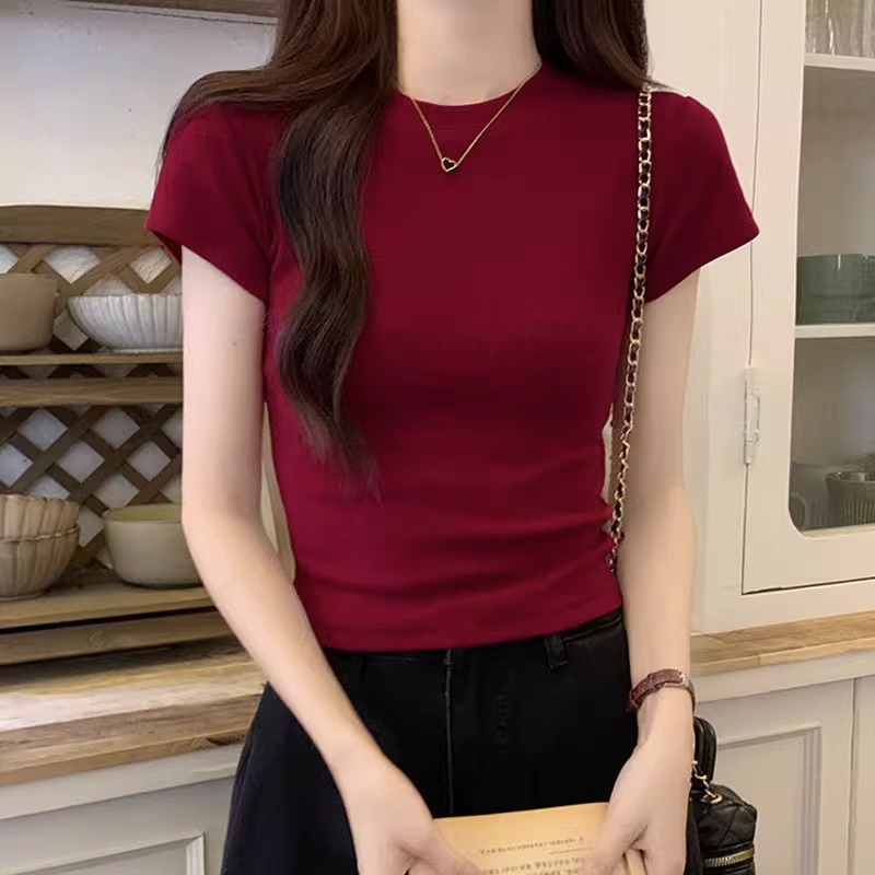 红色短袖t恤女夏季薄款2025新款纯棉修身显瘦短款半袖正肩上衣潮