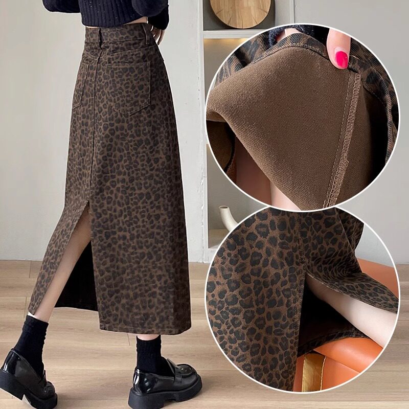 复古豹纹牛仔半身裙女秋冬2025新款时尚高腰显瘦开叉中长款a字裙