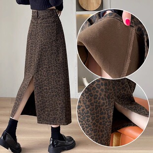 复古豹纹牛仔半身裙女秋冬2025新款时尚高腰显瘦开叉中长款a字裙