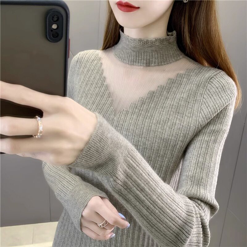 半高领蕾丝打底衫女春秋2025新款洋气内搭修身短款长袖针织衫上衣