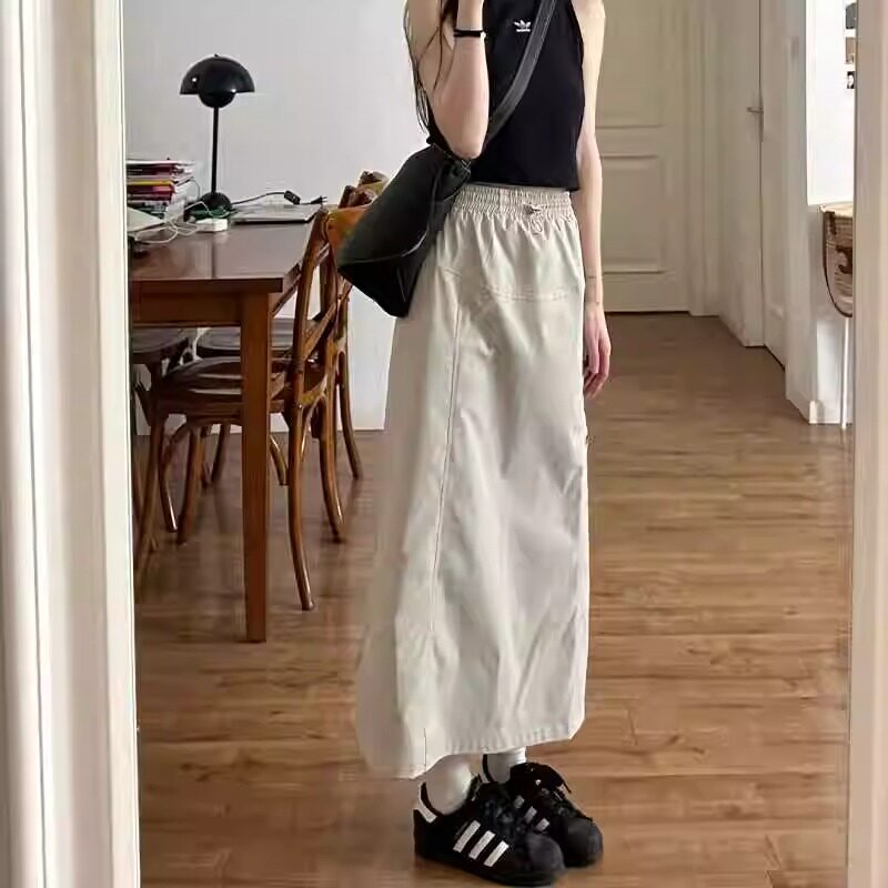 美式覆古工装半身裙女2025新款胖mm遮胯显瘦高腰开 叉中长版a字裙