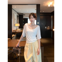 孔一粒 莱赛尔挂脖背心宽松短袖T恤两件套女夏季新款休闲简约上衣