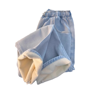 男士加绒牛仔裤男秋冬加厚保暖美式裤子男高街vibe宽松直筒长裤男