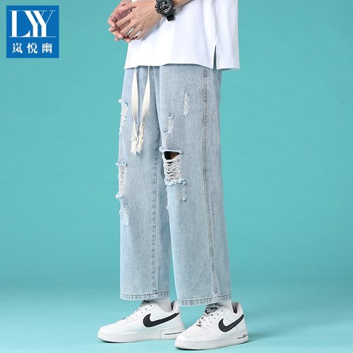 夏季薄款破洞九分牛仔裤男宽松