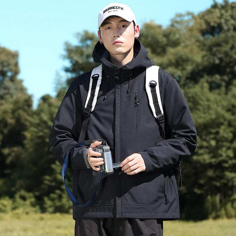 秋季多口袋工装夹克外套男生纯色百搭连帽潮流休闲宽松美式登山服
