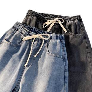 夏季系绳美式黑色牛仔裤男2025新款潮牌高街宽松直筒阔腿长裤男款