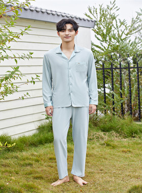 秀黛新款纯棉家居服男秋冬季翻领针织长袖套装睡衣