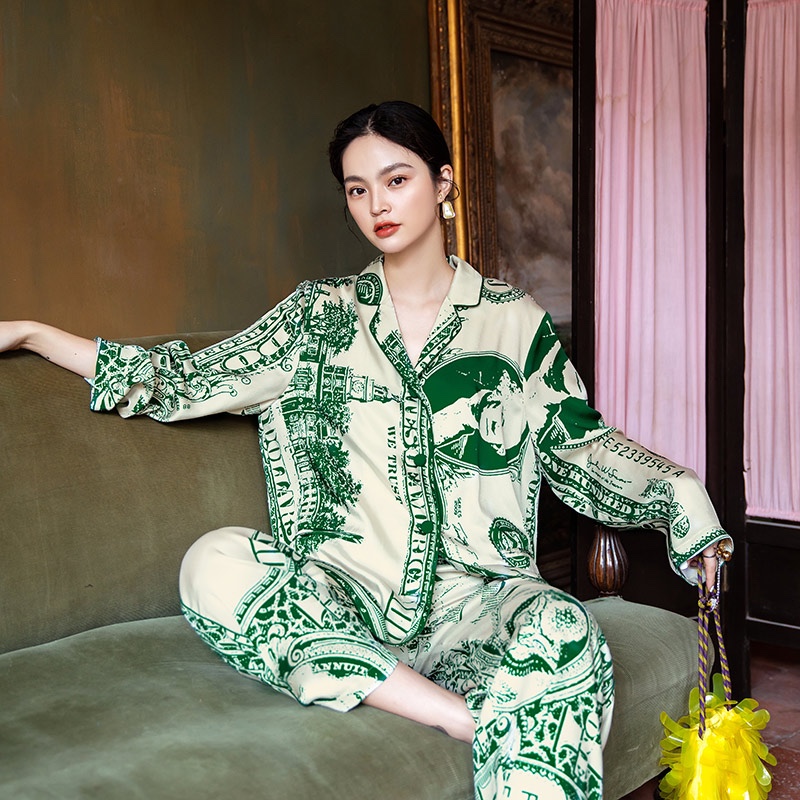 美元2022新款丝绸睡衣女春秋可外穿长袖两件套装家居服可出门休闲