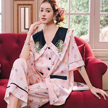 刺绣仿真丝冰丝睡衣套装带胸垫女薄款短袖宽松两件套家居服可外穿