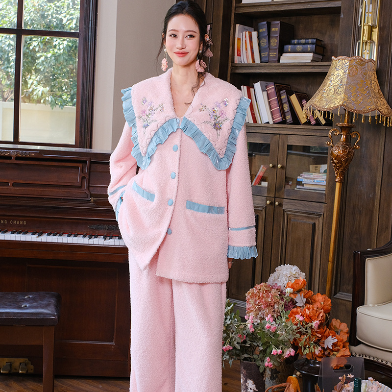亮片绣花睡衣女秋冬季加绒加厚