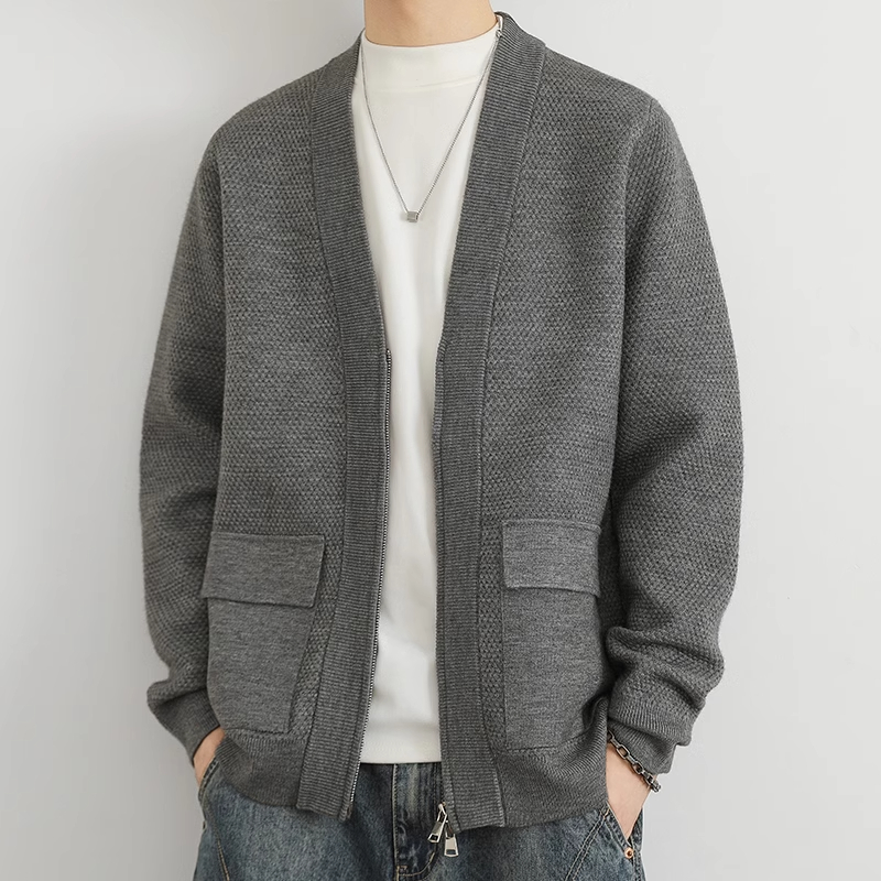 针织开衫外套男士秋冬季潮牌宽松毛线衣夹克无领帅气百搭秋装上衣