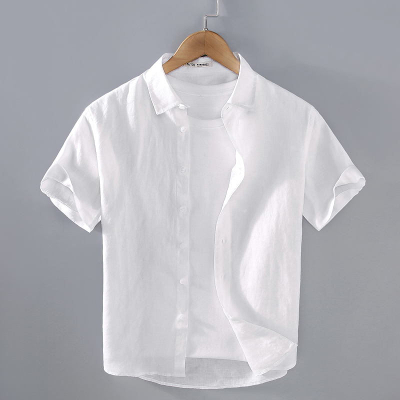 男士纯亚麻短袖白色衬衫夏季新款棉麻布料上衣服衬衣高端男装透气