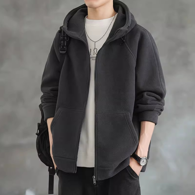 奥粒绒夹克男士秋冬季新款加绒加厚连帽外套宽松休闲开衫卫衣褂子