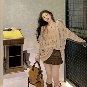 镂空慵懒风设计感针织衫女2023秋冬新款法式露肩系带垂感辣妹上衣