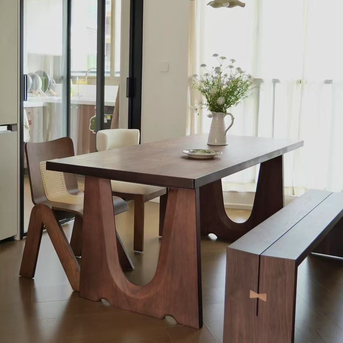 中古风北美黑胡桃木全实木餐桌长方形家用饭桌客厅原木大板桌书桌