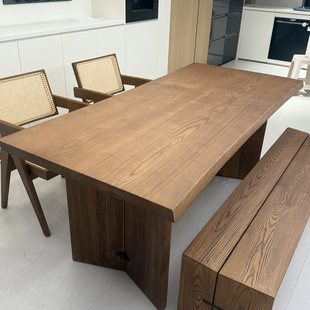 中古风全实木餐桌长方形白蜡木原木双拼大板桌客厅大长书桌工作台