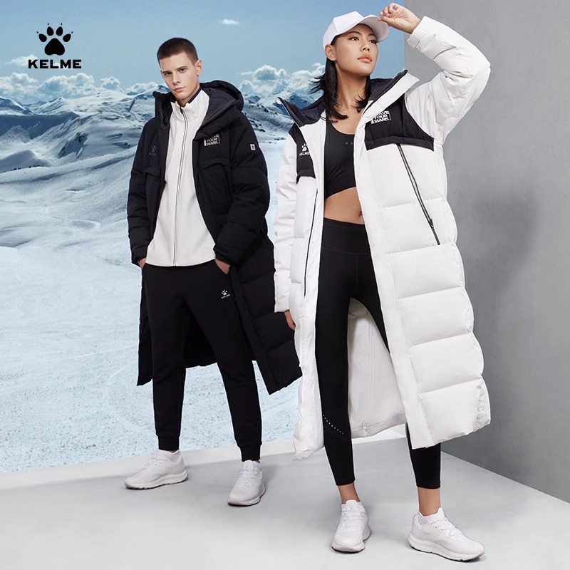 KELME卡尔美长款羽绒服男士冬季连帽运动外套女保暖过膝大衣加厚